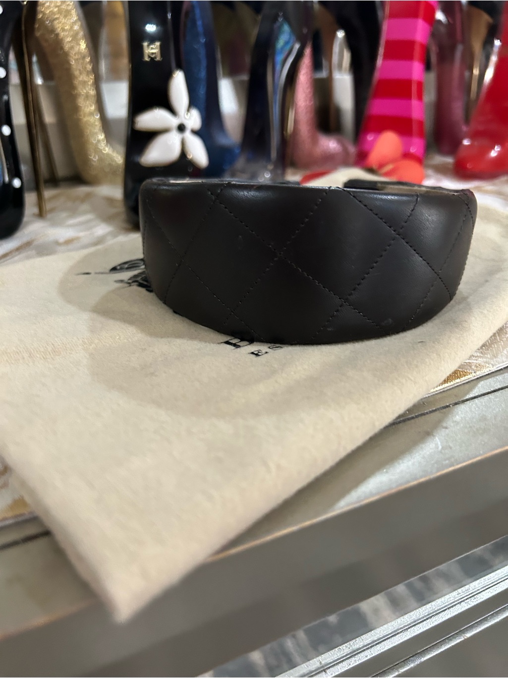 Burberry Wide Black Leather Matte Quilted Headband